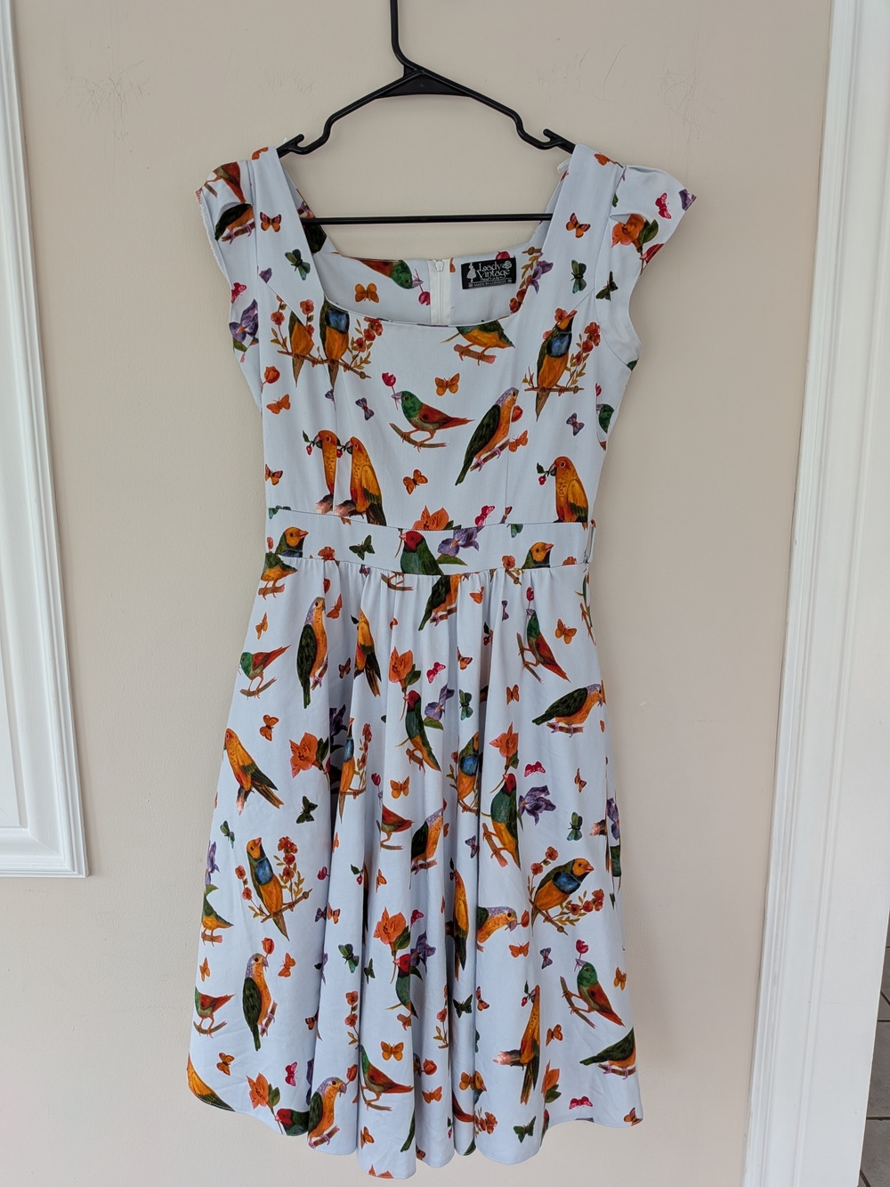 Blue Bird-Print Midi Dress - Classic Square Neck - Picture 2 of 14